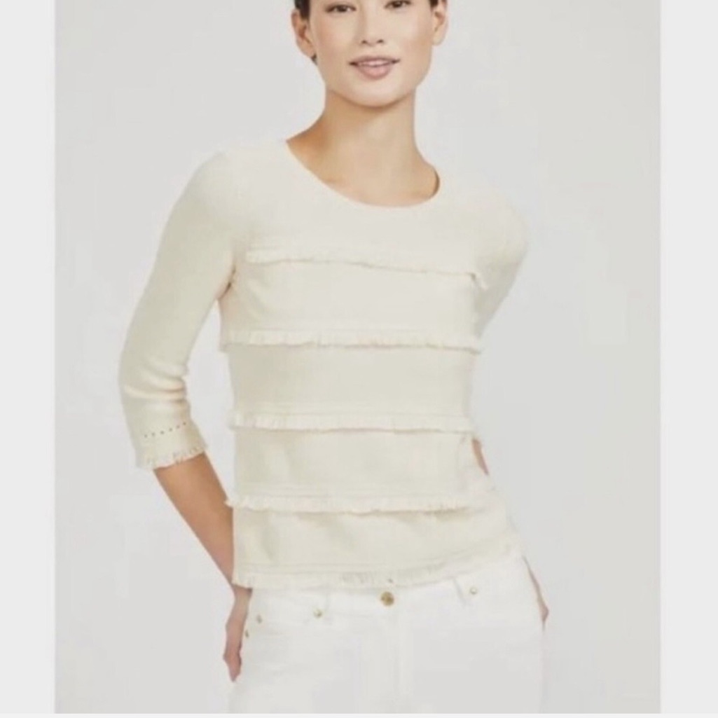 J. Mclaughlin Cream Fringe Turla Crewneck 3/4 Length Sleeve Pullover Sweater Xs